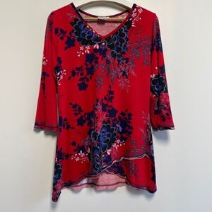 Parsley & Sage Red Floral Print V Neck 3/4 Sleeve Asymmetrical Tunic‎ Top Size S